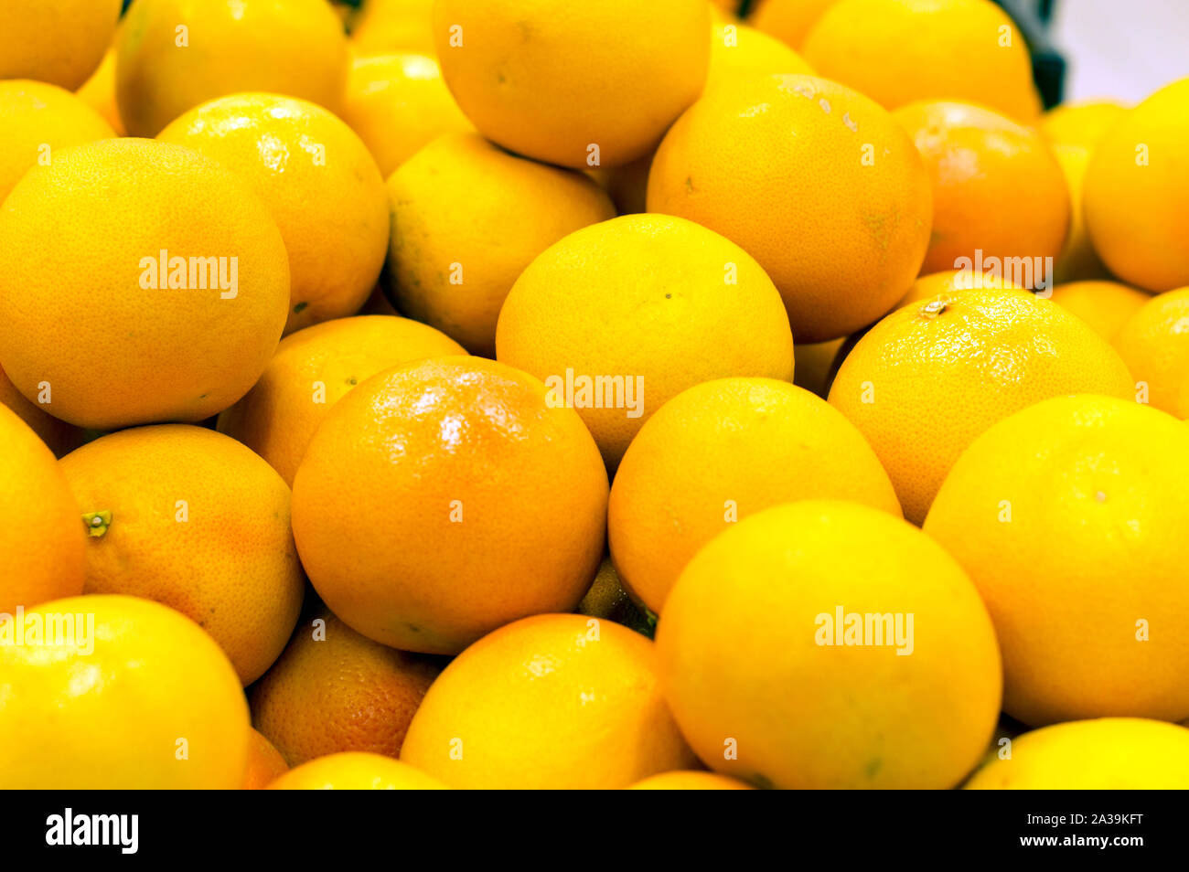 Juicy, ripe oranges on the counter for sale. Stock Photo