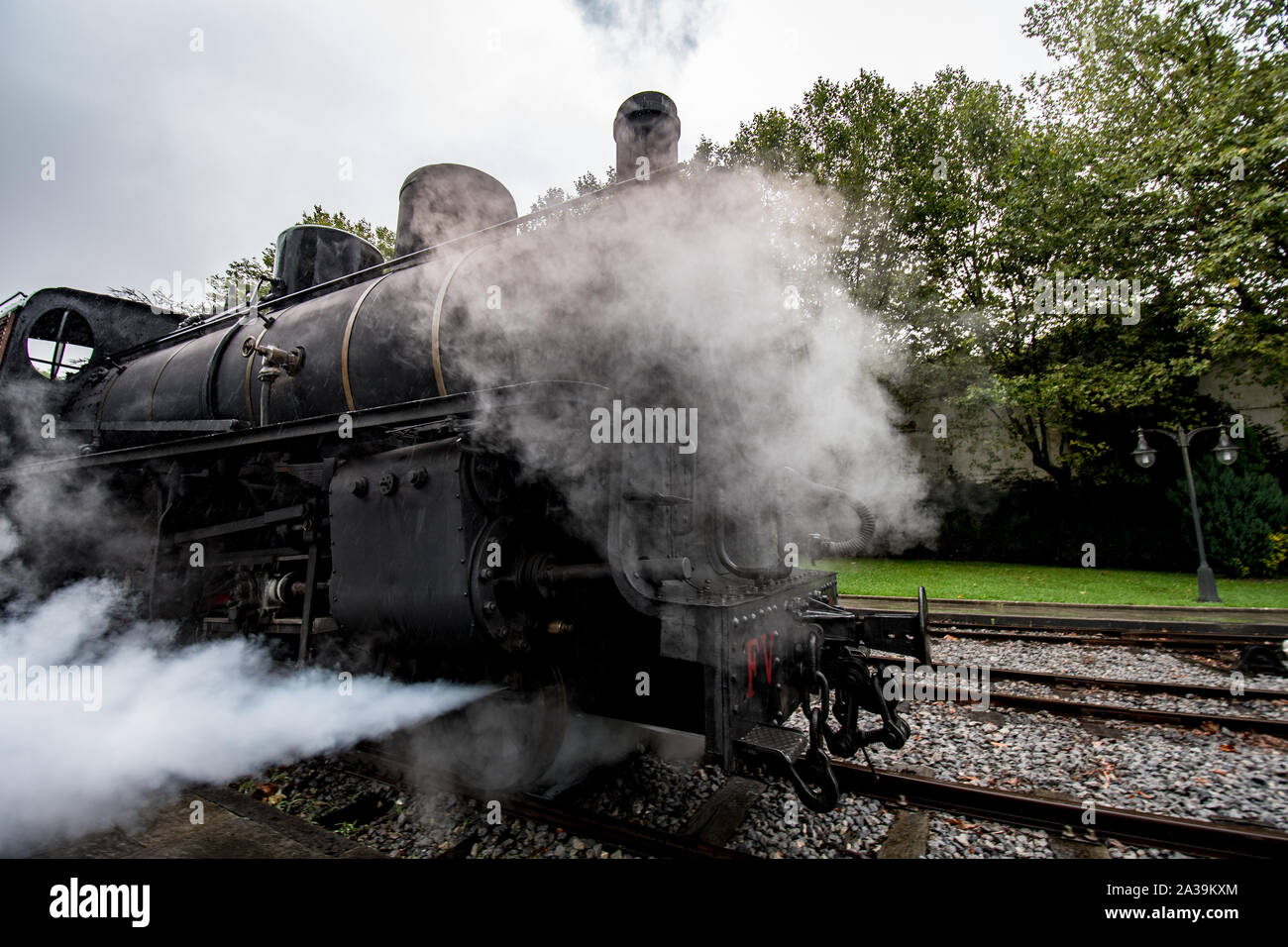 Steam train puffs thick smoke Stock Photo Alamy