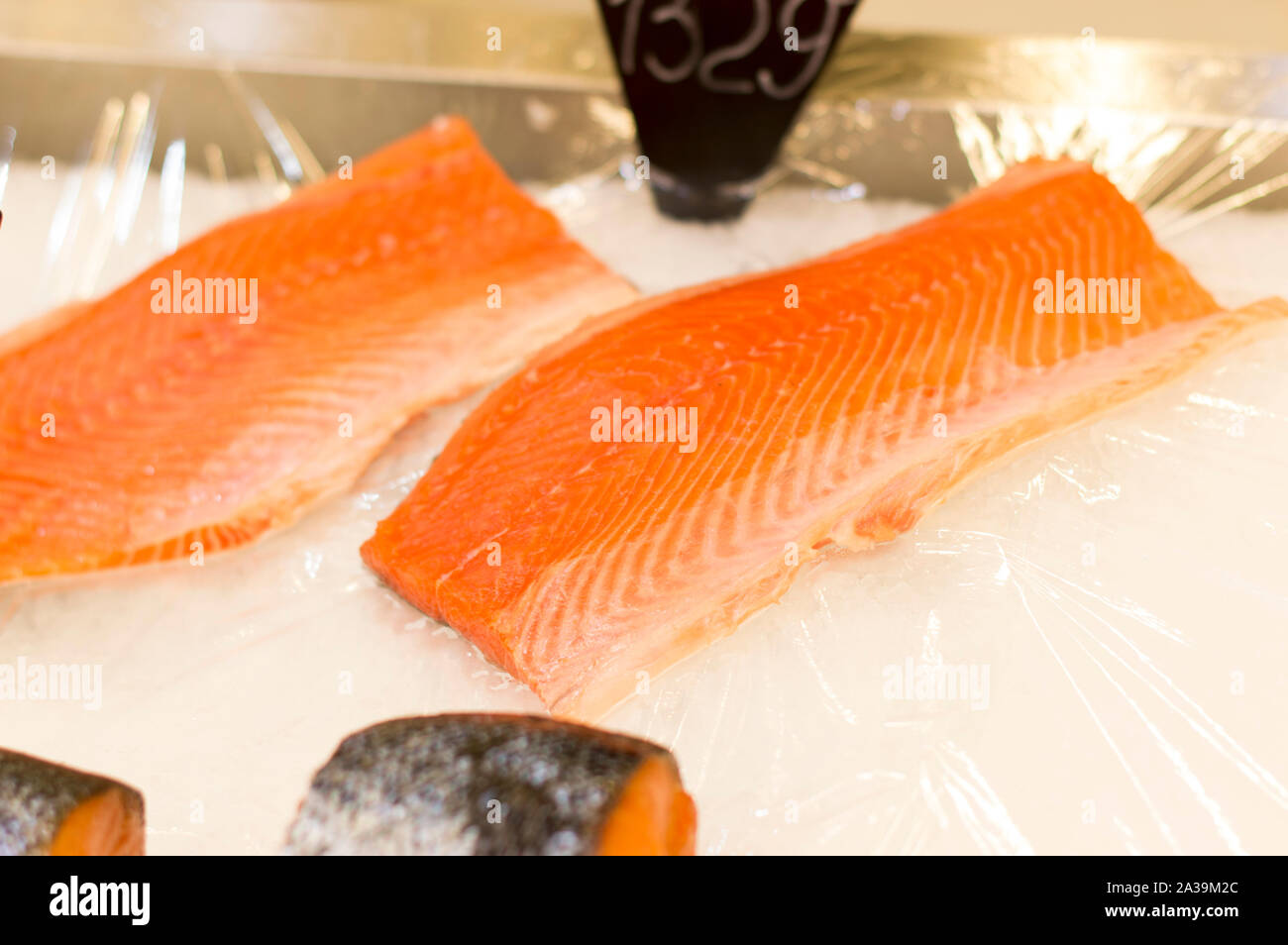 Fillet of red fish on ice in a supermarket, for sale .Russia. Stock Photo