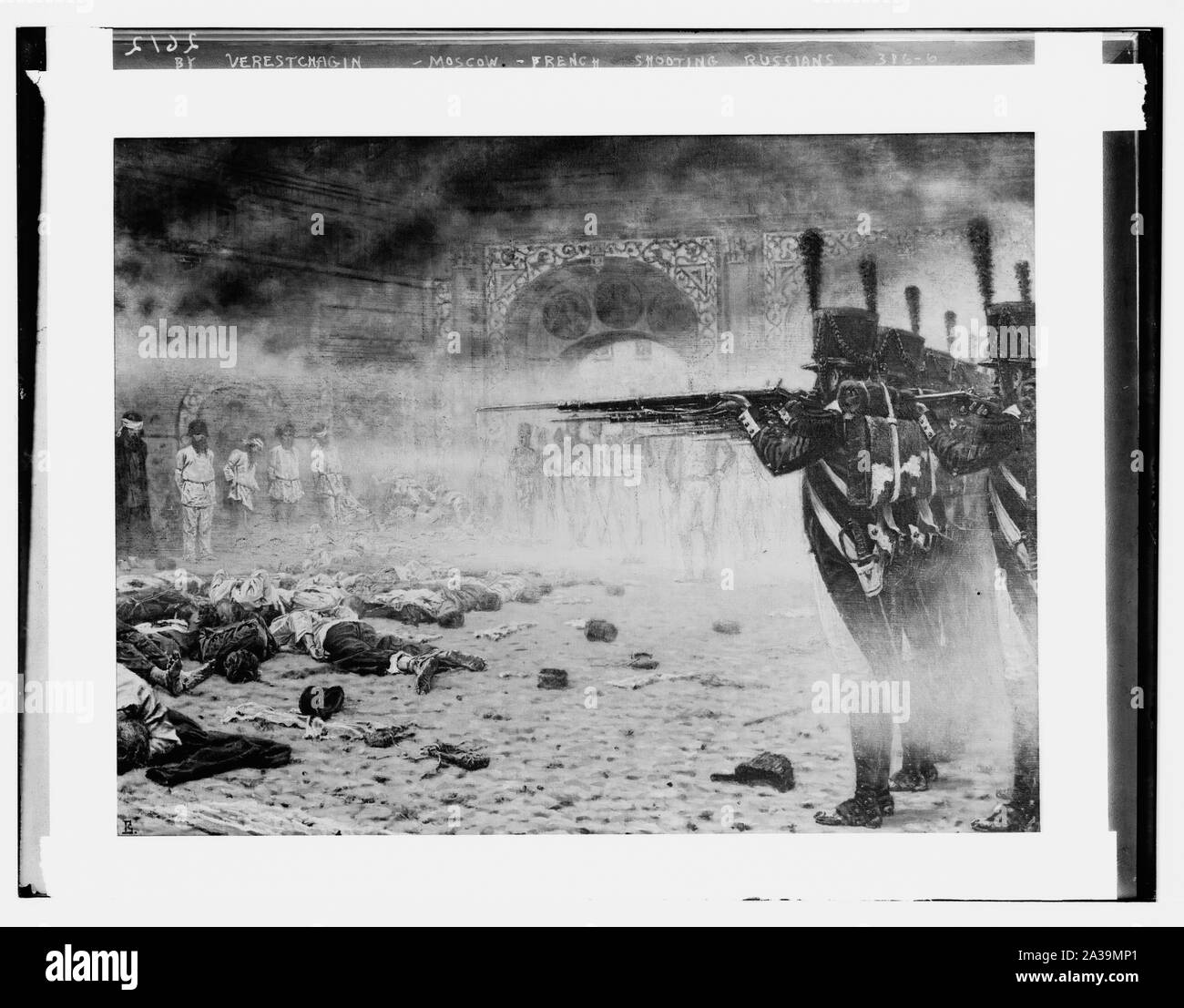 Scene by Verestchagin: Moscow: French Firing squad shooting Russ. Stock Photo