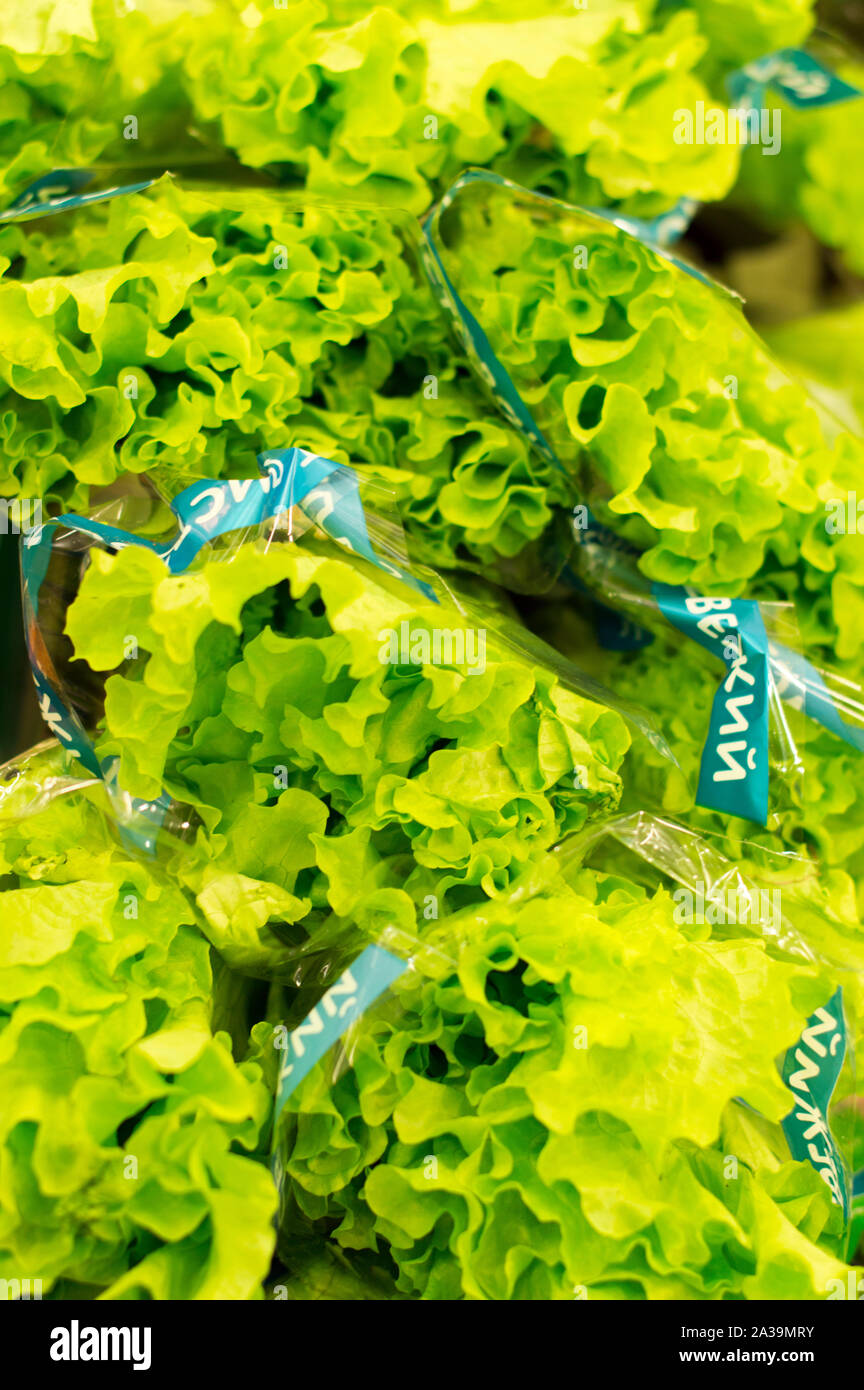A pack of green salad lies on a counter for sale. Close-up. Stock Photo