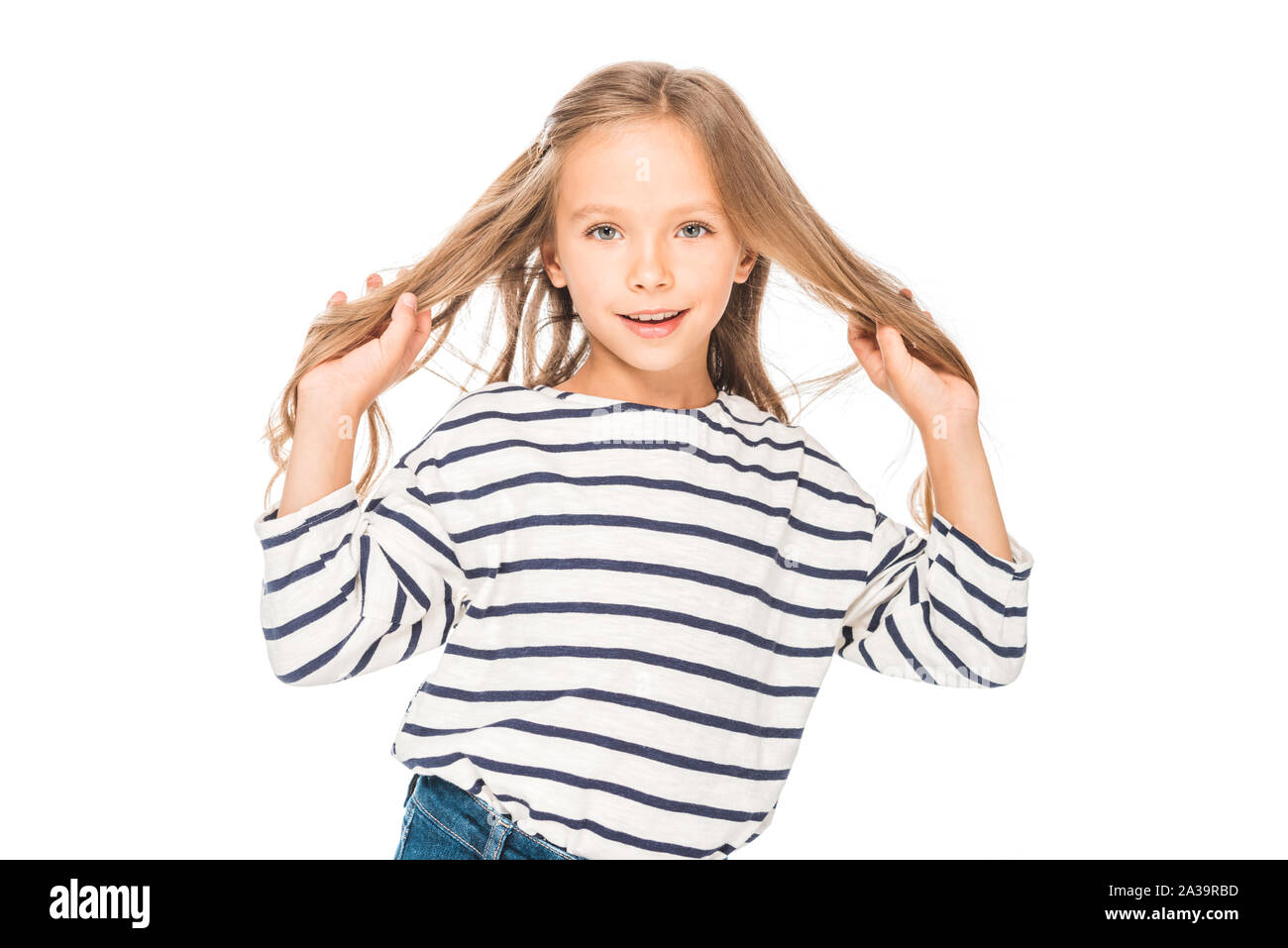 front view of smiling kid in casual outfit isolated on white Stock ...