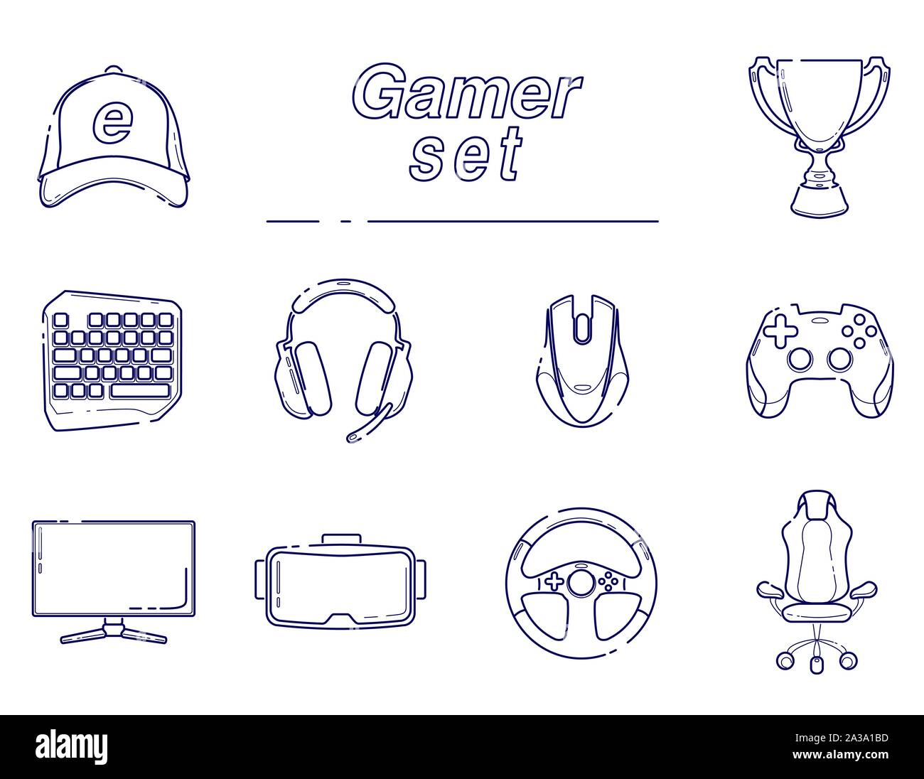 eSports set, Gaming gadgets, line set icon. Modern devices for video games,  headset for virtual reality, equipment for gamers, joysticks, keypad. on  deep blue background Stock Vector Image & Art - Alamy