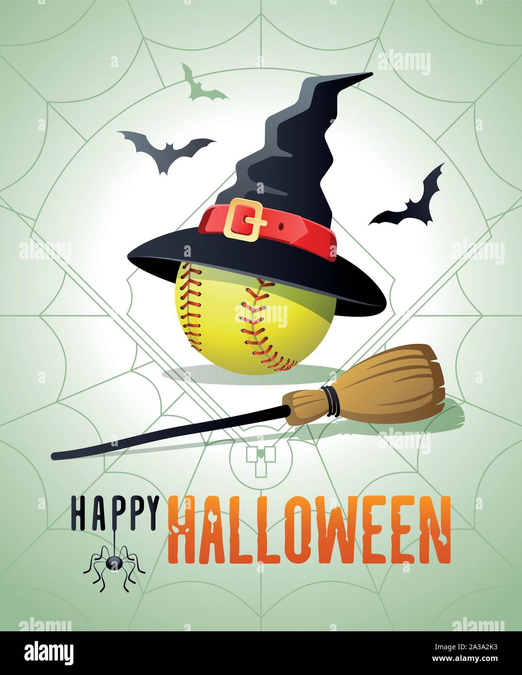 Happy Halloween. Sports greeting card. Softball ball with witches hat