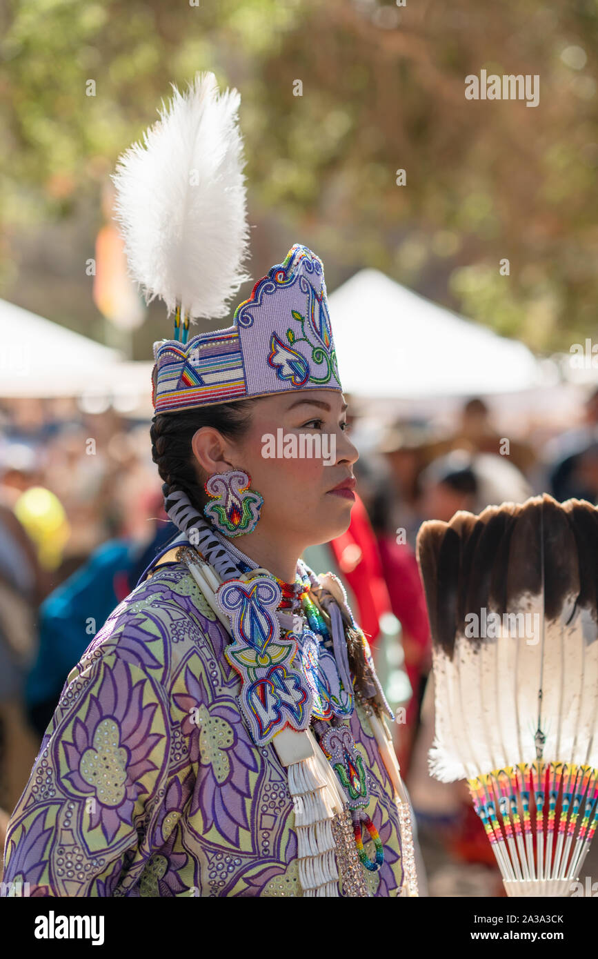 Pow Wow. Portrait of Native American woman in full regalia Stock Photo