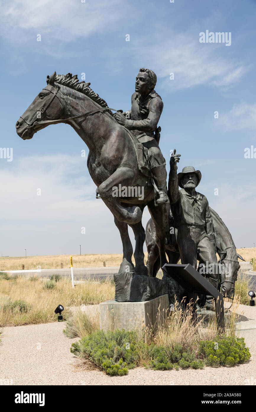 Sculptor Avard Fairbanks's statue at the National Historic Trails Interpretive Center in Casper, Wyoming, depicting the changeover of Pony Express riders Stock Photo