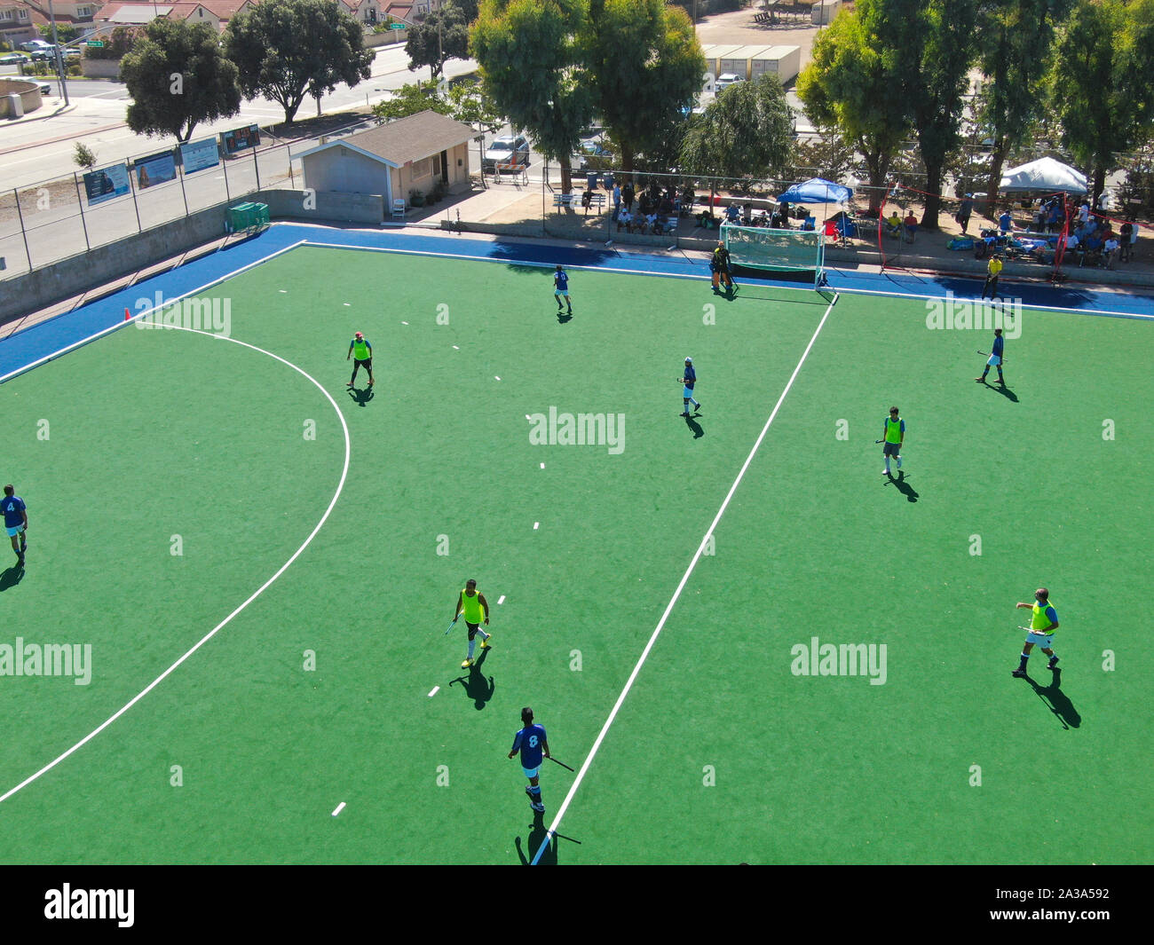Aerial view of field hockey with players at Moorpark College. Ventura