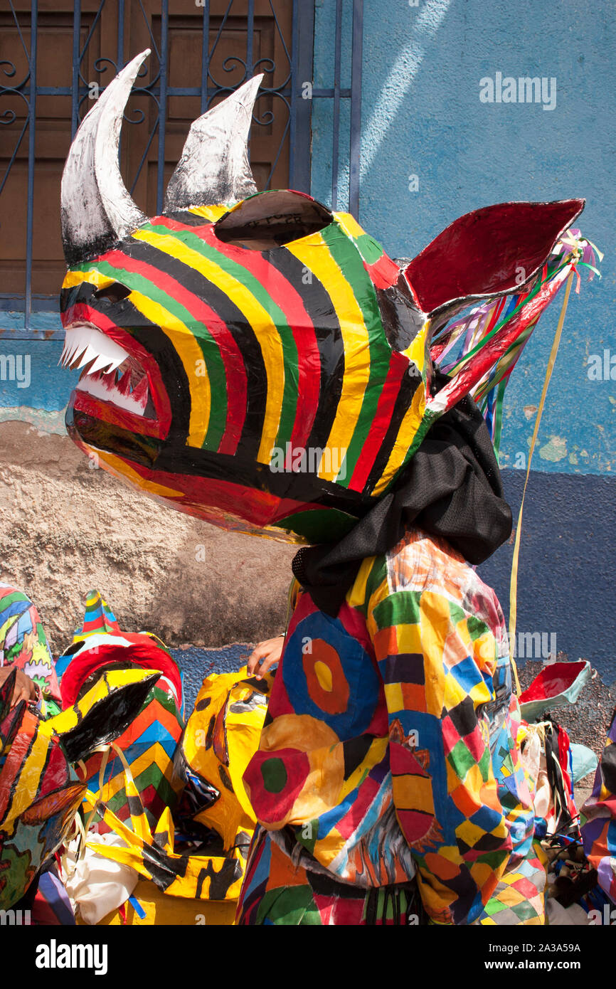 Venezuelan dancing devils of Naiguata traditional festival in costumes UNESCO Intangible Cultural Heritage Stock Photo