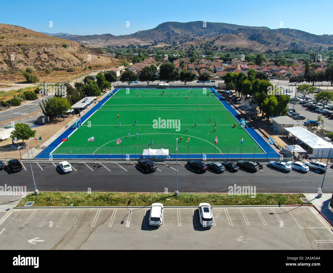 Aerial view of field hockey with players at Moorpark College. Ventura