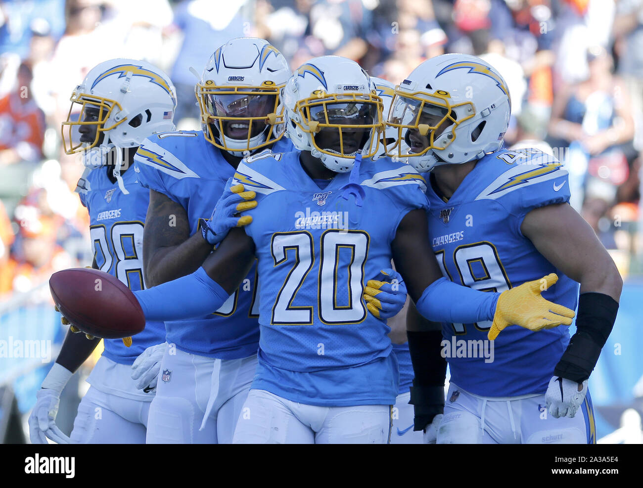 Los Angeles, California, USA. 6th Oct, 2019. Los Angeles Chargers cornerback Desmond King II (20) celebrates after scoring a touchdown during an NFL football game between Los Angeles Chargers and Denver Broncos, Sunday, Oct. 6, 2019, in Carson, Calif. Credit: Ringo Chiu/ZUMA Wire/Alamy Live News Stock Photo