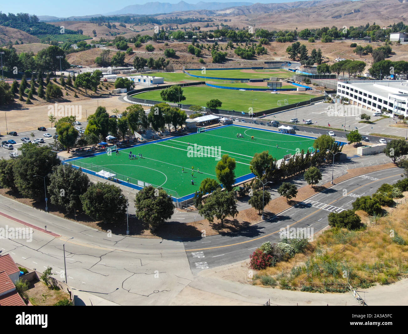 Aerial view of field hockey with players at Moorpark College. Ventura