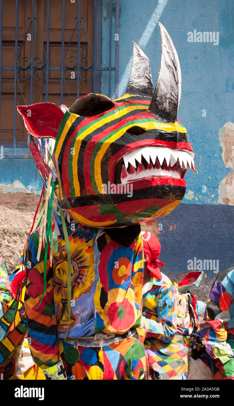 Venezuelan dancing devils of Naiguata traditional festival in costumes UNESCO Intangible Cultural Heritage Stock Photo
