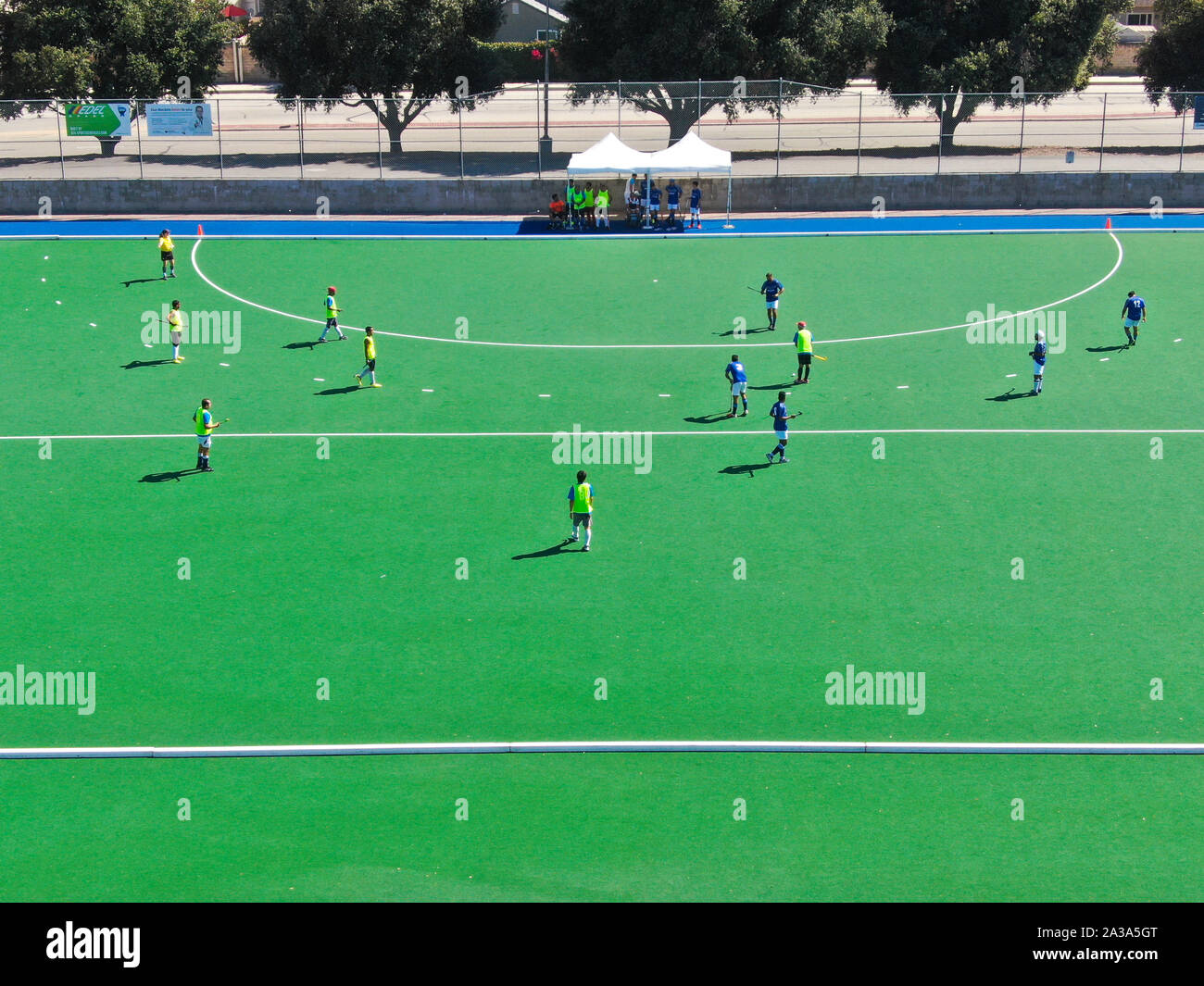 Aerial view of field hockey with players at Moorpark College. Ventura