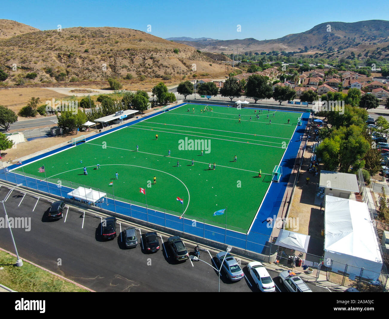 Aerial view of field hockey with players at Moorpark College. Ventura