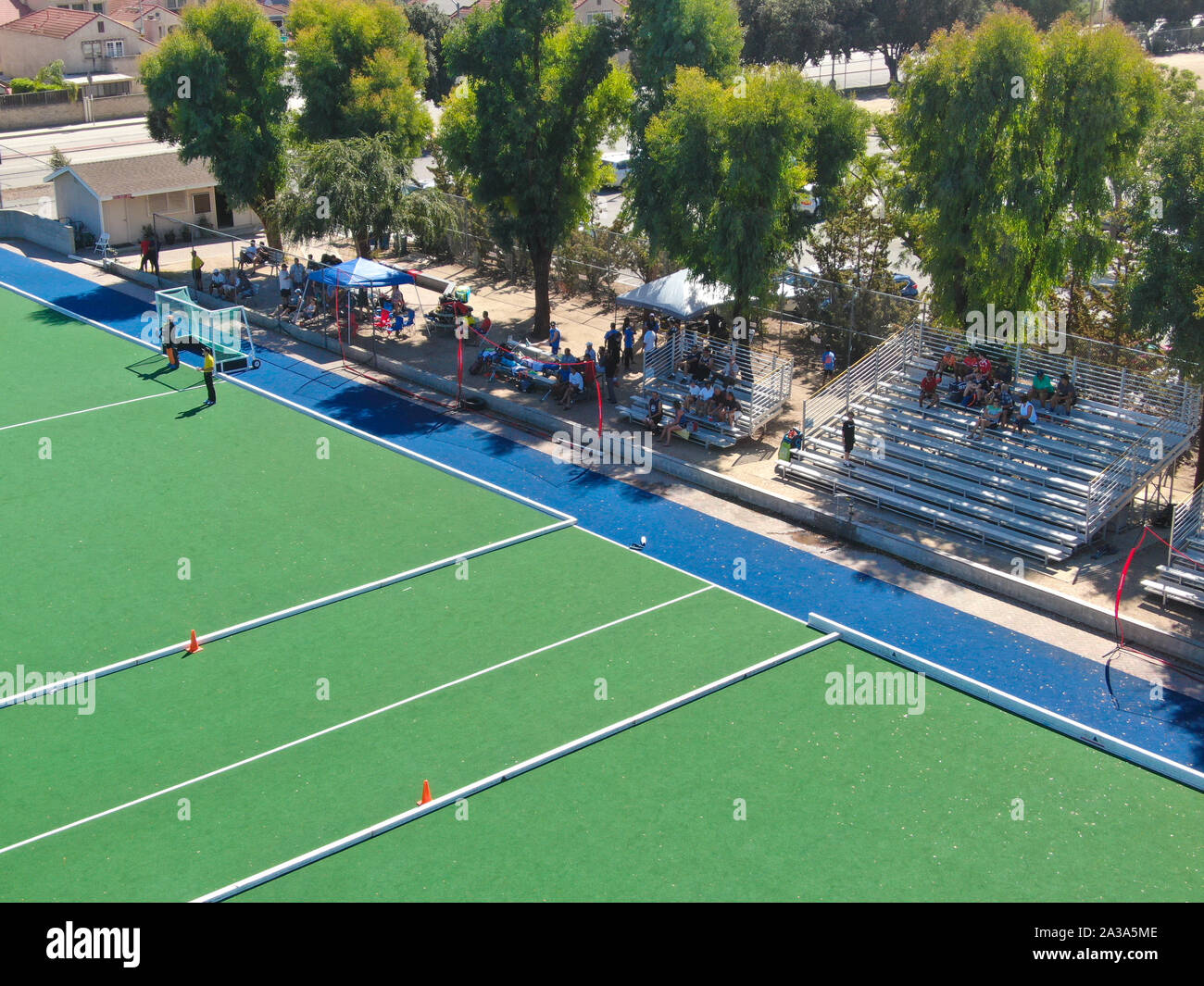 Aerial view of field hockey with players at Moorpark College. Ventura