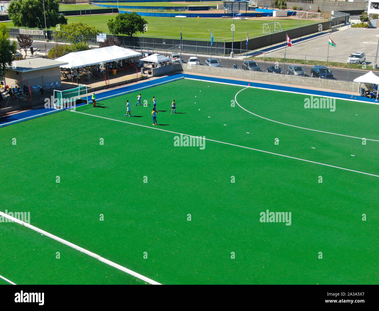 Aerial view of field hockey with players at Moorpark College. Ventura