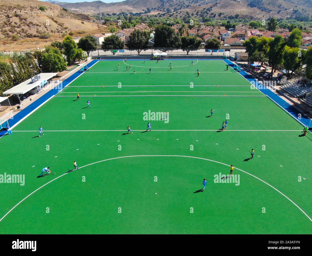 Aerial view of field hockey with players at Moorpark College. Ventura