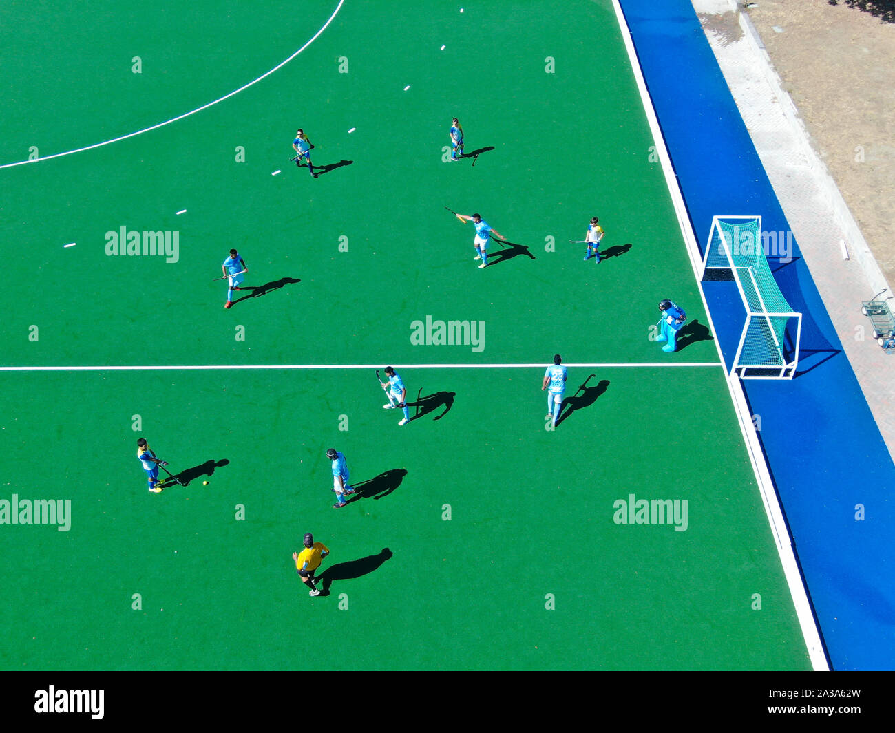 Aerial view of field hockey with players at Moorpark College. Ventura