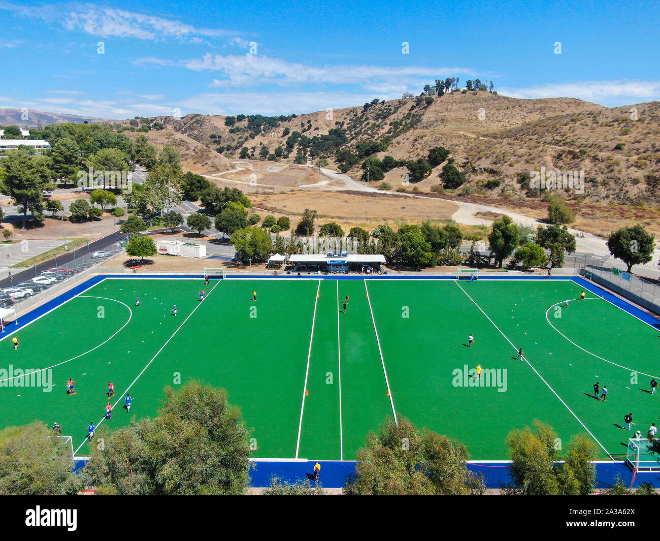 Aerial view of field hockey with players at Moorpark College. Ventura
