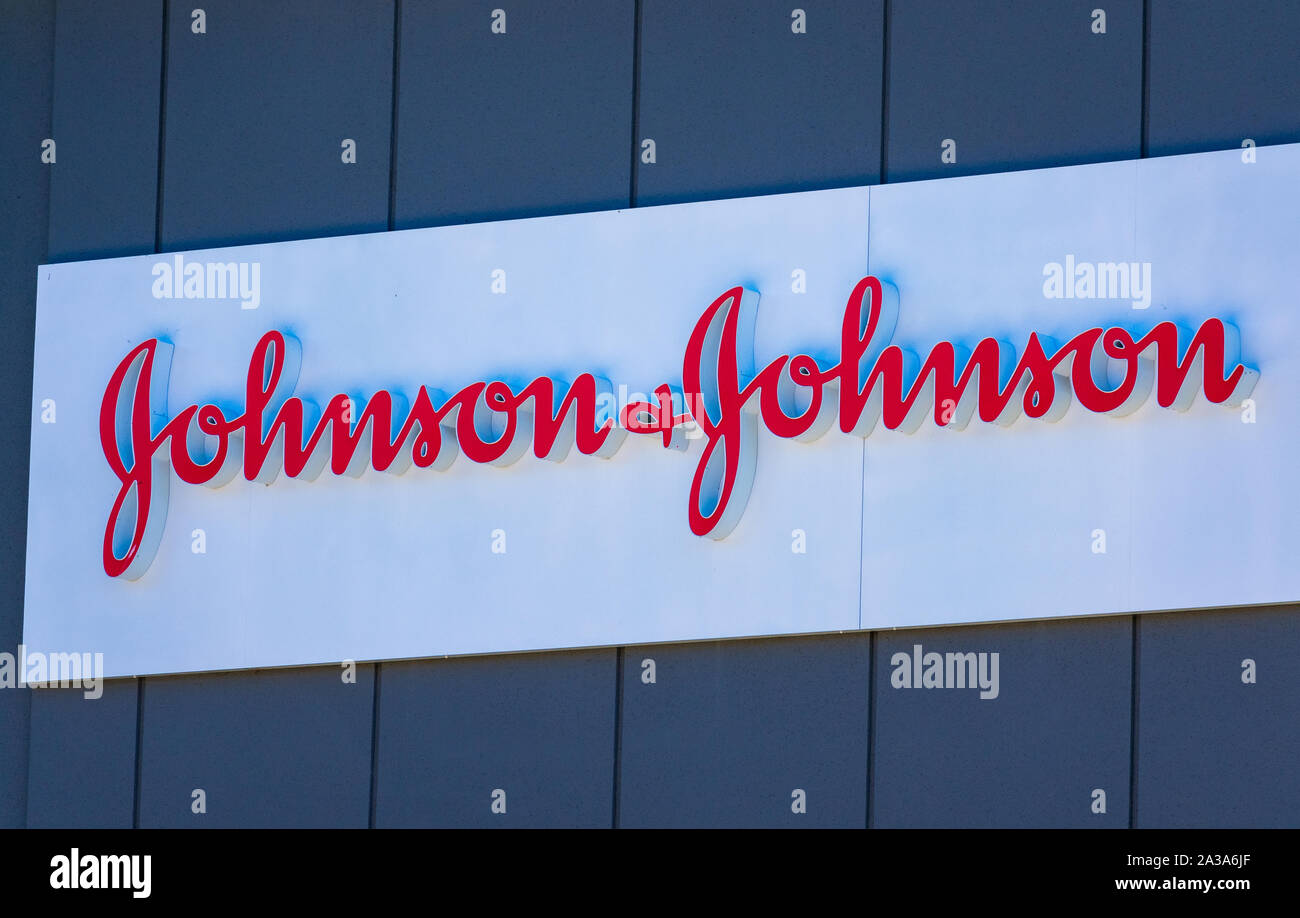 Johnson & Johnson sign at multinational corporation office in Silicon Valley. J&J is headquartered in New Brunswick, New Jersey Stock Photo