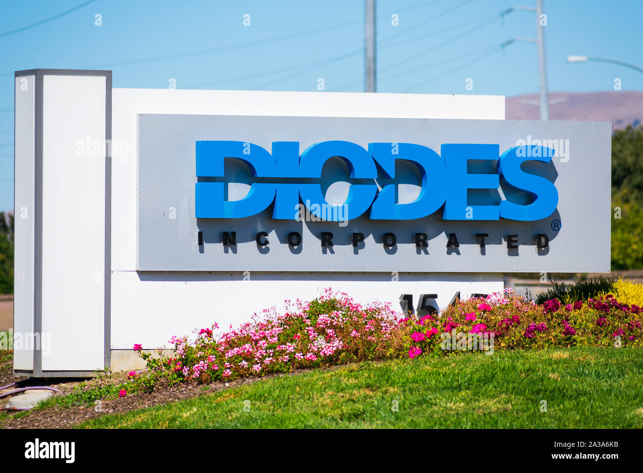 Diodes Incorporated sign at semiconductor manufacturer company office