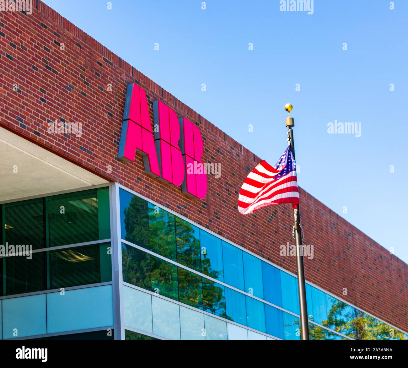 ABB sign atop of a Swiss Swedish multinational corporation office in Silicon Valley. ABB headquartered in Zurich, Switzerland Stock Photo