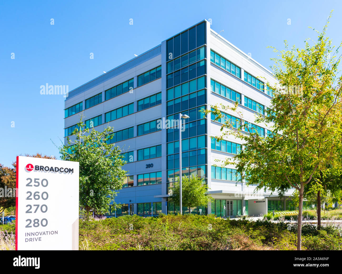 Broadcom sign at company headquarters campus in Silicon Valley, high-tech hub of San Francisco Bay Area Stock Photo