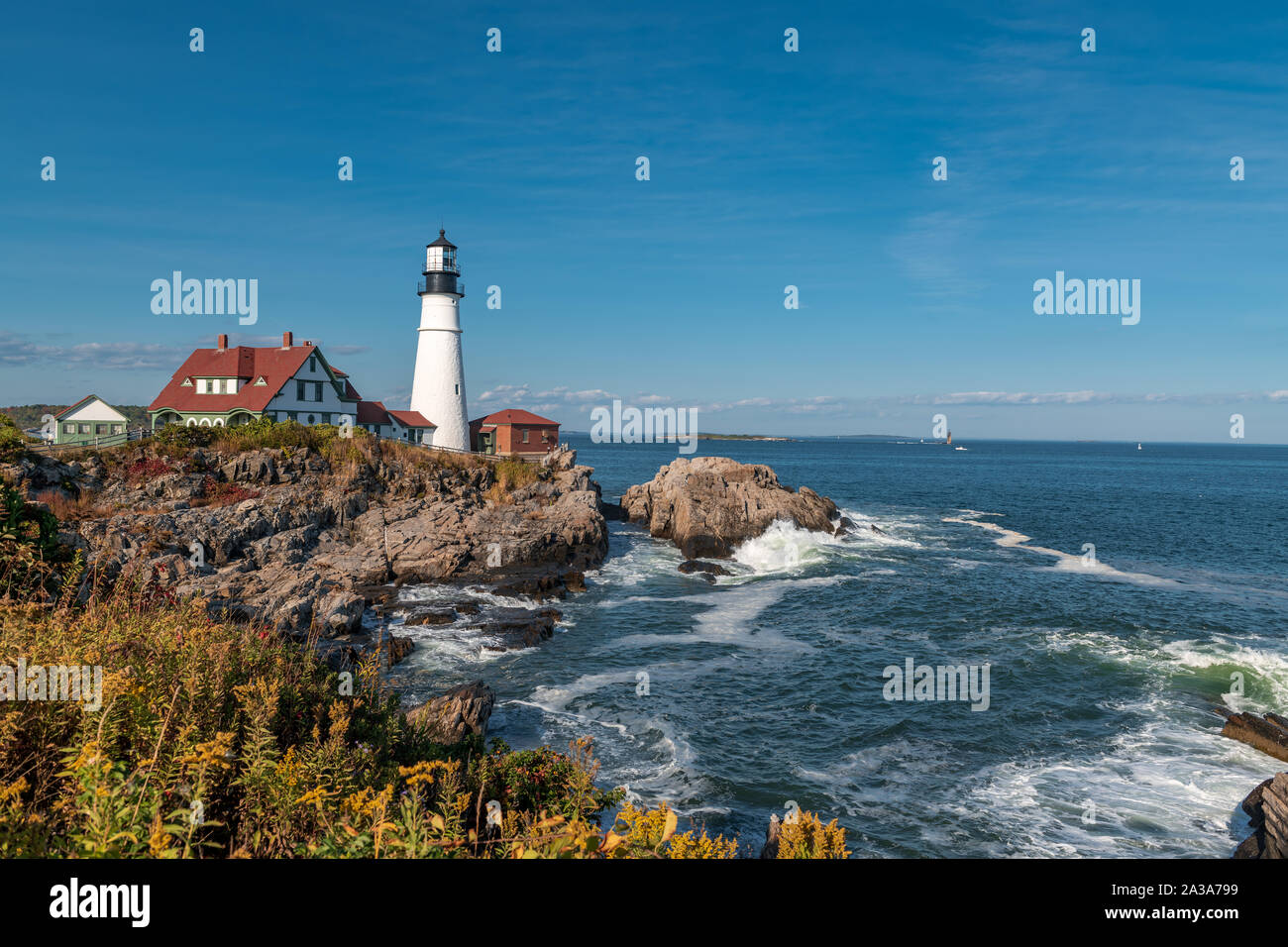 Portland Head Light, is a historic lighthouse in Cape Elizabeth, Maine. Stock Photo