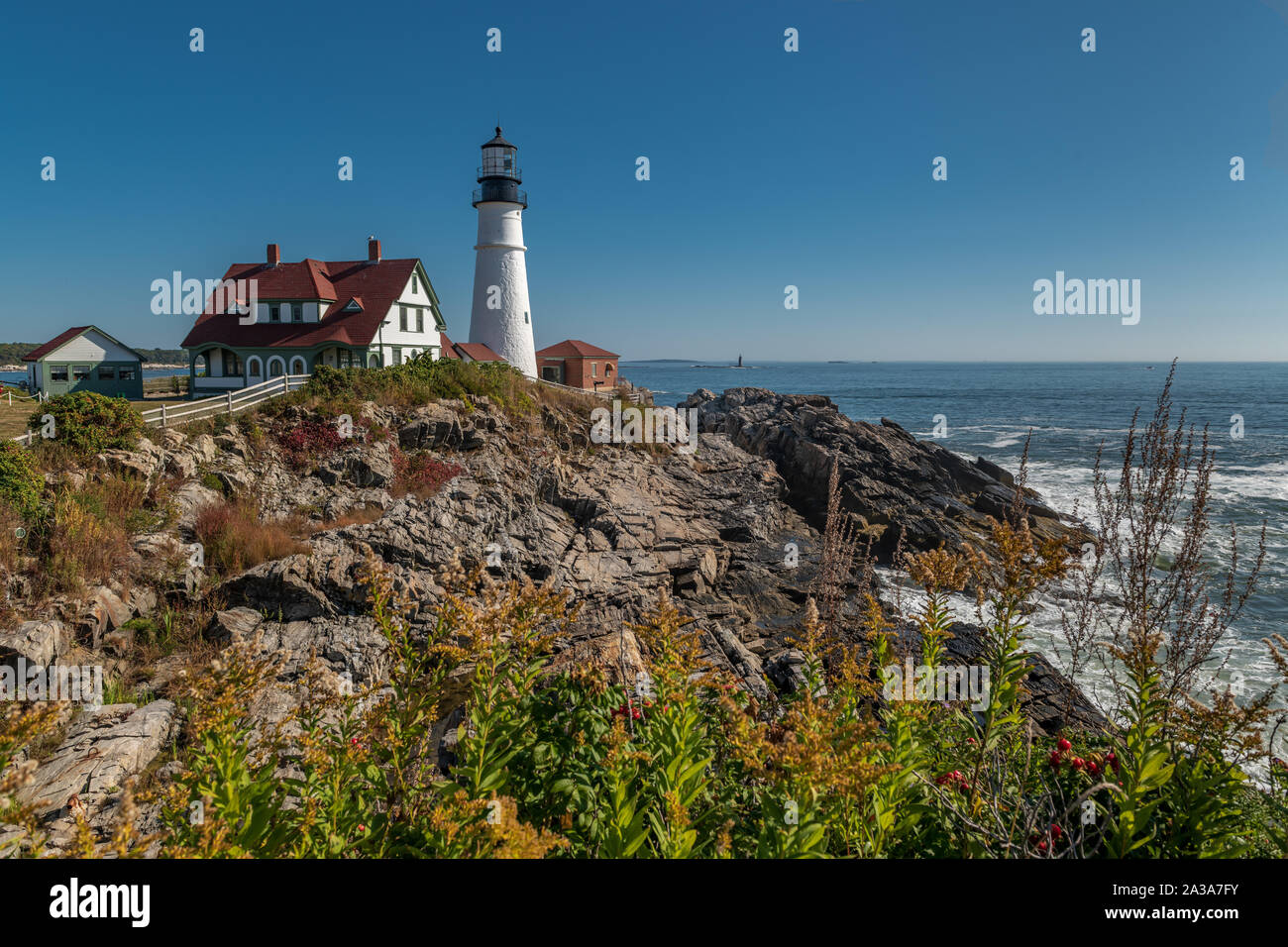 Portland Head Light, is a historic lighthouse in Cape Elizabeth, Maine. Stock Photo