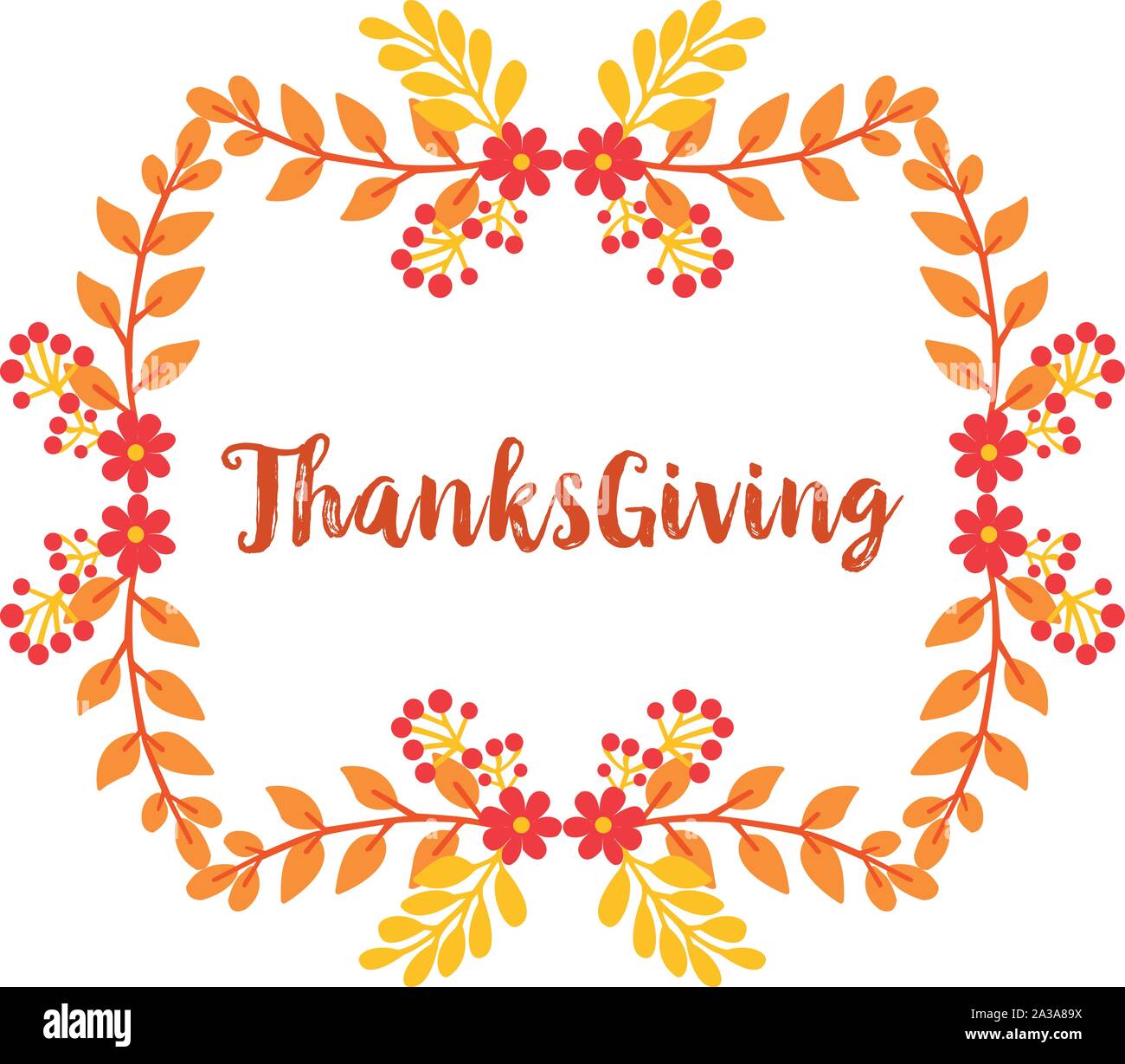 Lettering of thanksgiving, with graphic of autumn leaves flower frame ...
