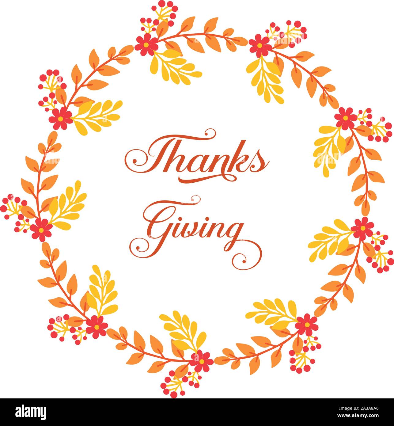 Lettering of thanksgiving, with graphic of autumn leaves flower frame ...