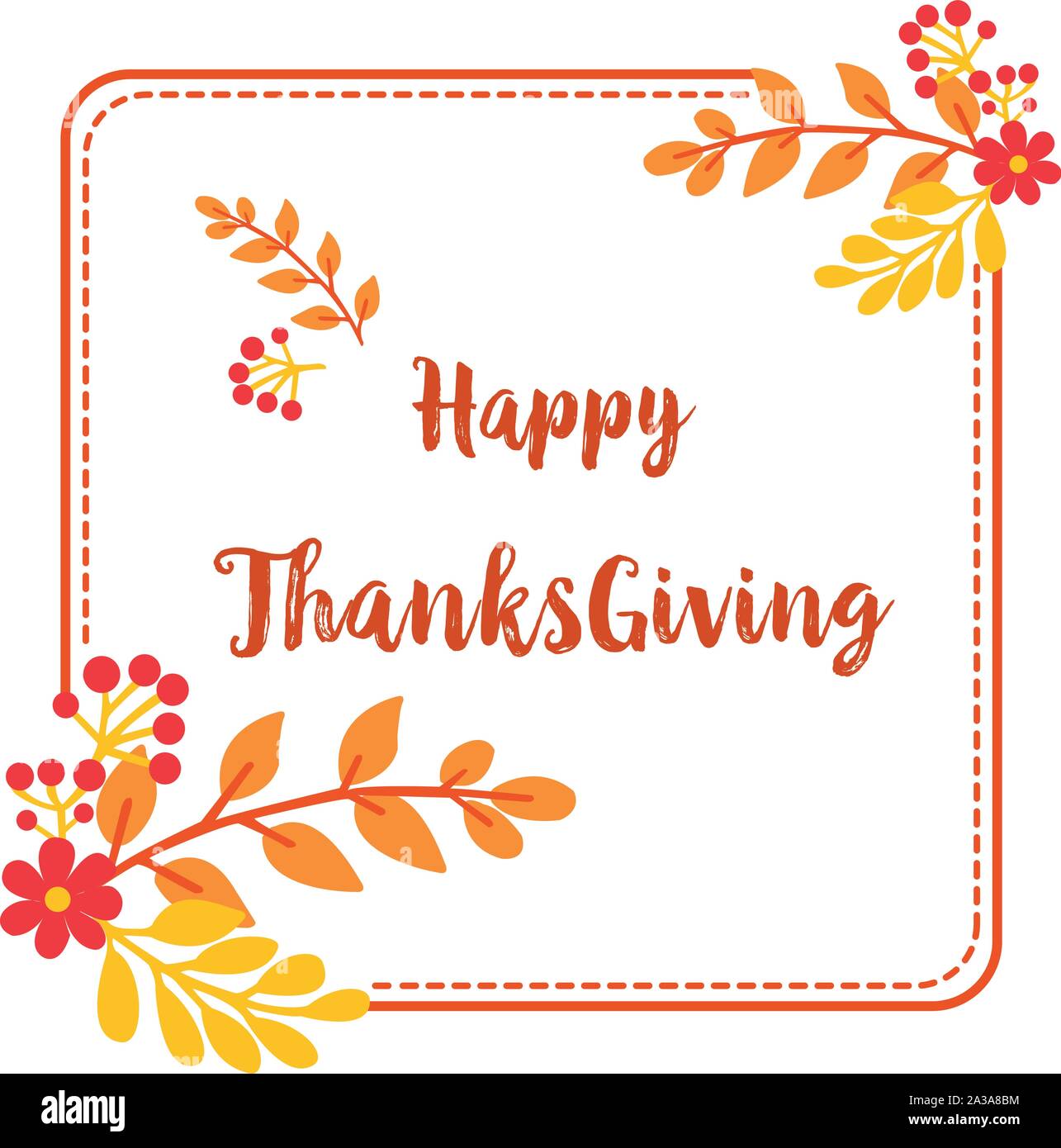 Lettering of thanksgiving, with graphic of autumn leaves flower frame ...