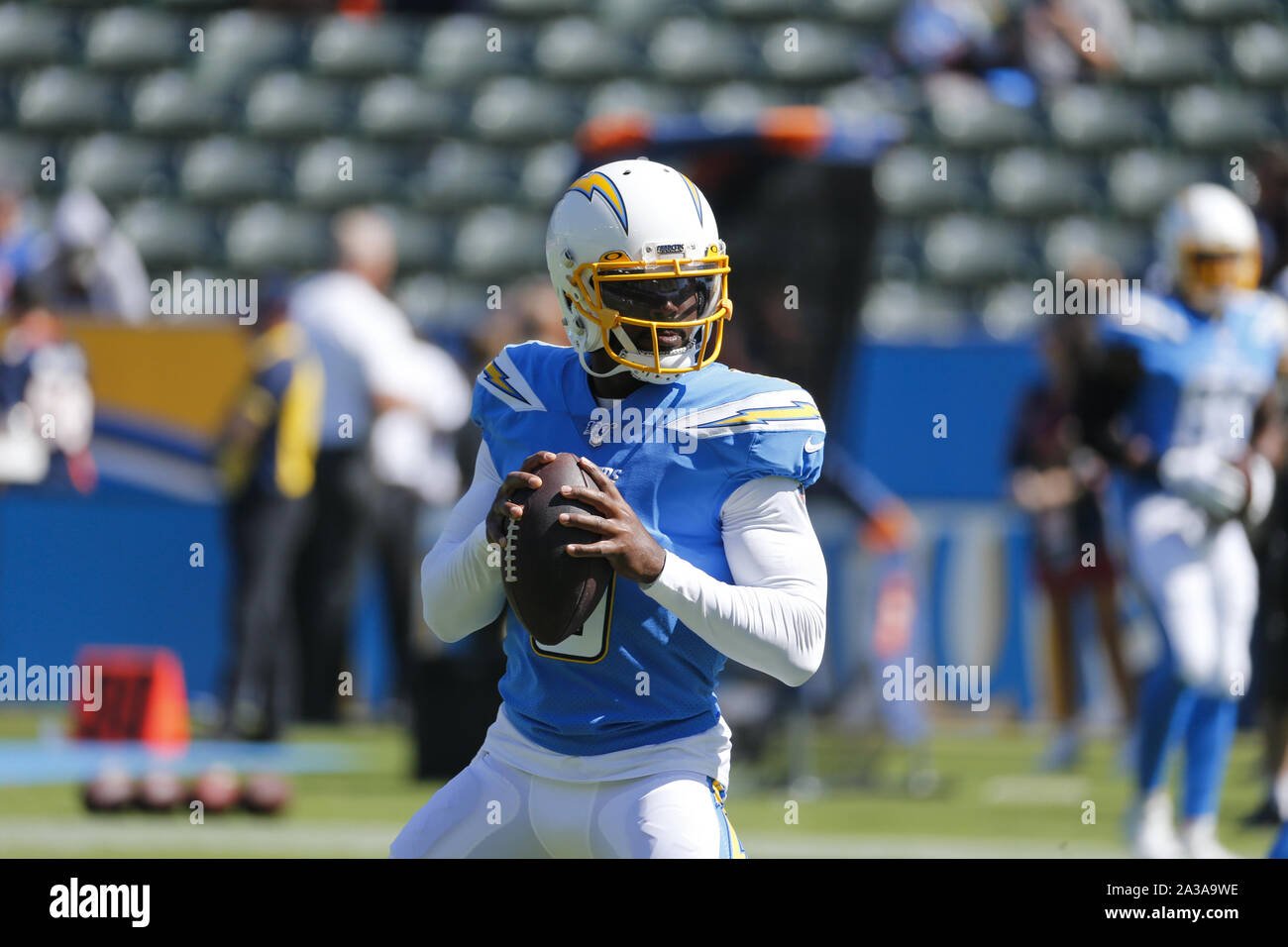 Los Angeles Chargers quarterback Tyrod Taylor passes against the Seattle  Seahawks during the first half of an NFL preseason football game Saturday,  Aug. 24, 2019, in Carson, Calif. (AP Photo/Alex Gallardo Stock