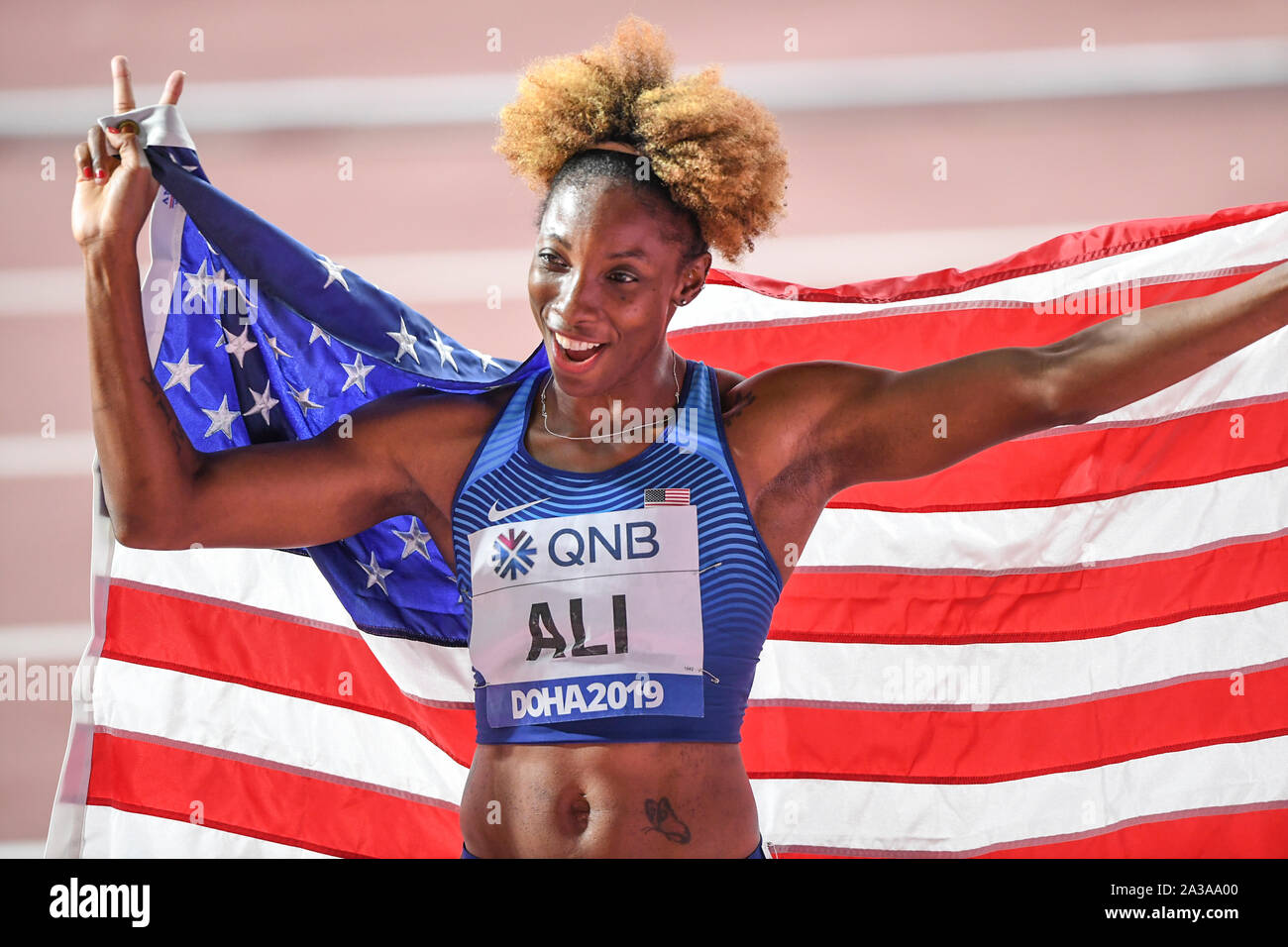 Nia Ali (USA). 100 Metres Hurdles Gold Medal. IAAF World Athletics Championships, Doha 2019 Stock Photo