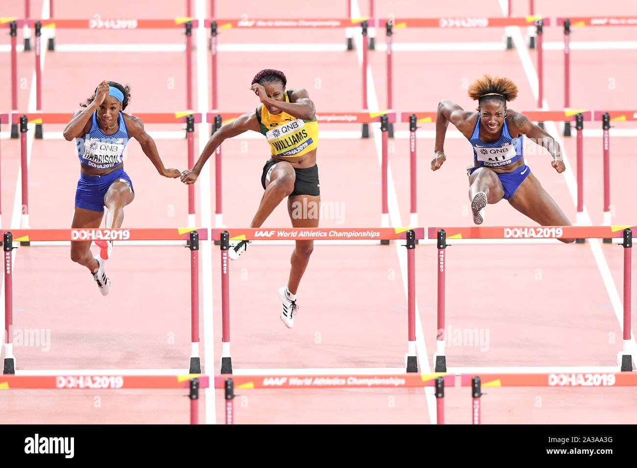 Nia Ali (USA, gold medal), Kendra Harrison (USA, silver medal) and Danielle Williams (Jamaica, bronze medal). 100 Metres Hurdles women. IAAF World Athletics Championships, Doha 2019 Stock Photo