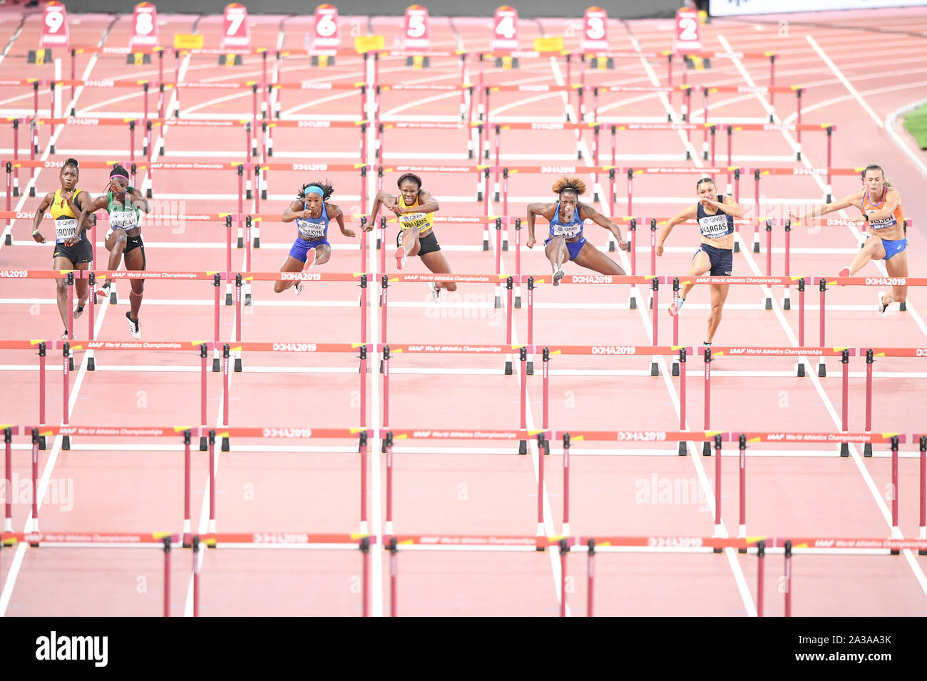 Nia Ali (USA, gold medal), Kendra Harrison (USA, silver medal) and Danielle Williams (Jamaica, bronze medal). 100 Metres Hurdles women final. IAAF World Athletics Championships, Doha 2019 Stock Photo