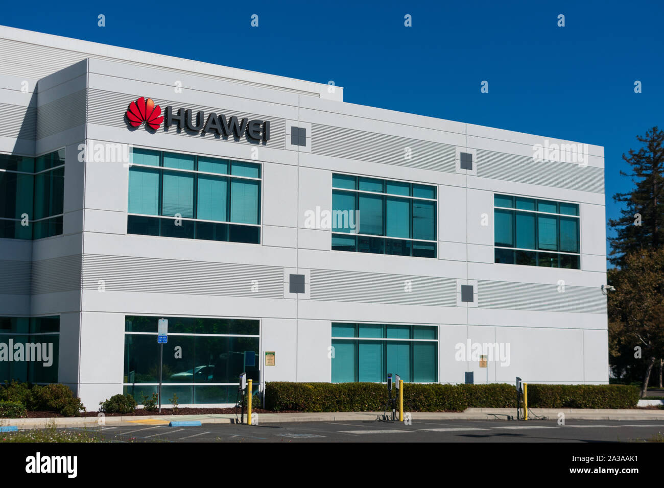 Huawei Technologies sign atop of research and development campus in beautiful Silicon Valley Stock Photo