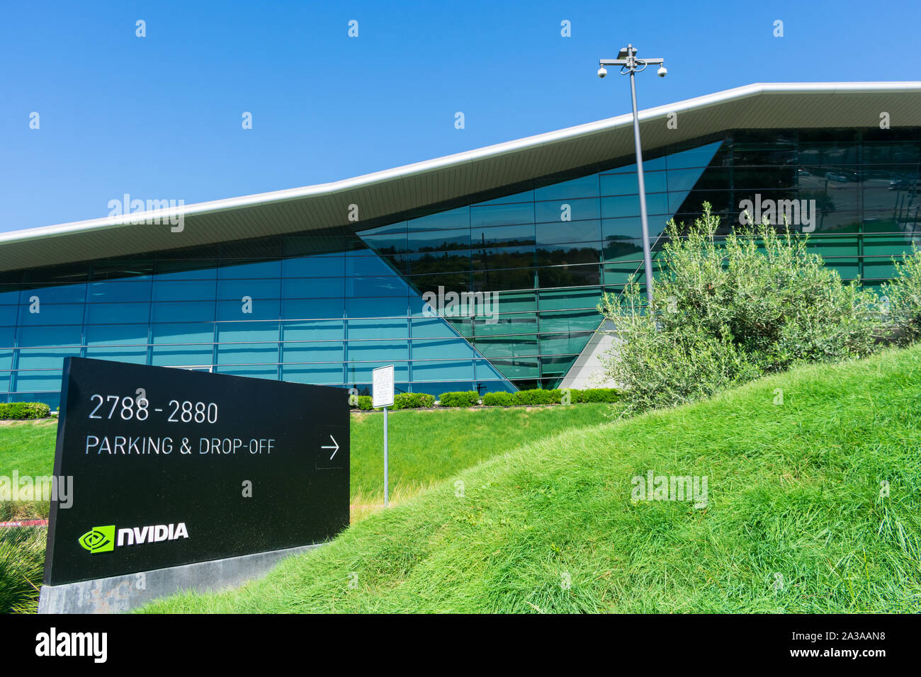 Nvidia logo and sign at company Endeavor headquarters in Silicon Valley, high-tech hub of San Francisco Bay Area Stock Photo