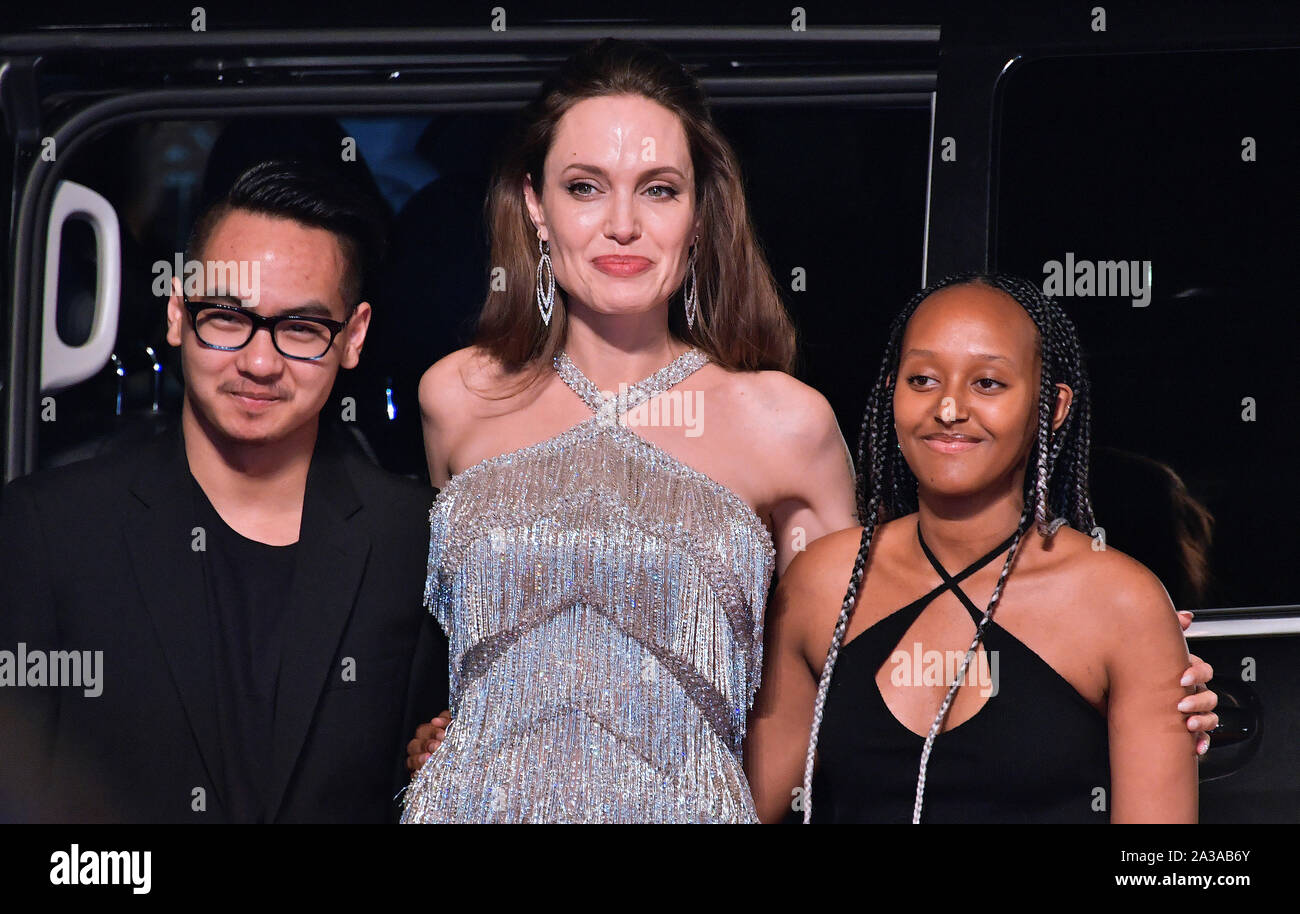 (L-R)Maddox Jolie-Pitt, Angelina Jolie and Zahara Marley Jolie-Pitt attend the Japan premiere for 'Maleficent: Mistress of Evil' at Roppongi Hills Arena in Tokyo, Japan on October 3, 2019. Credit: AFLO/Alamy Live News Stock Photo