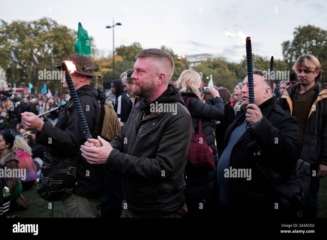 London, UK. 6th October 2019. Extinction Rebellion activists gather at Marble Arch for the start of two weeks of protests in which they plan to block every single road into central London. Other protest are expected in about 60 cities around the world. Credit: Stuart Boulton/Alamy Stock Photo