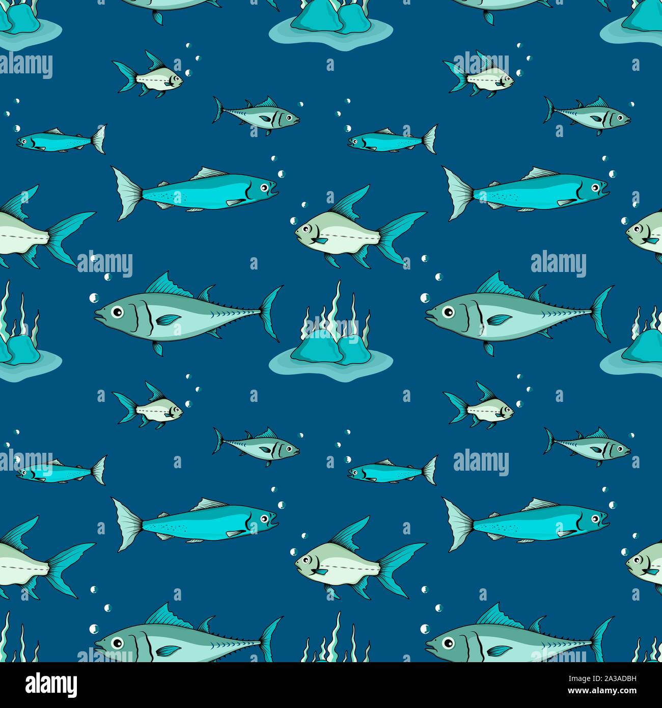 Fish vector pattern seamless on ocean blue background. Stock Vector