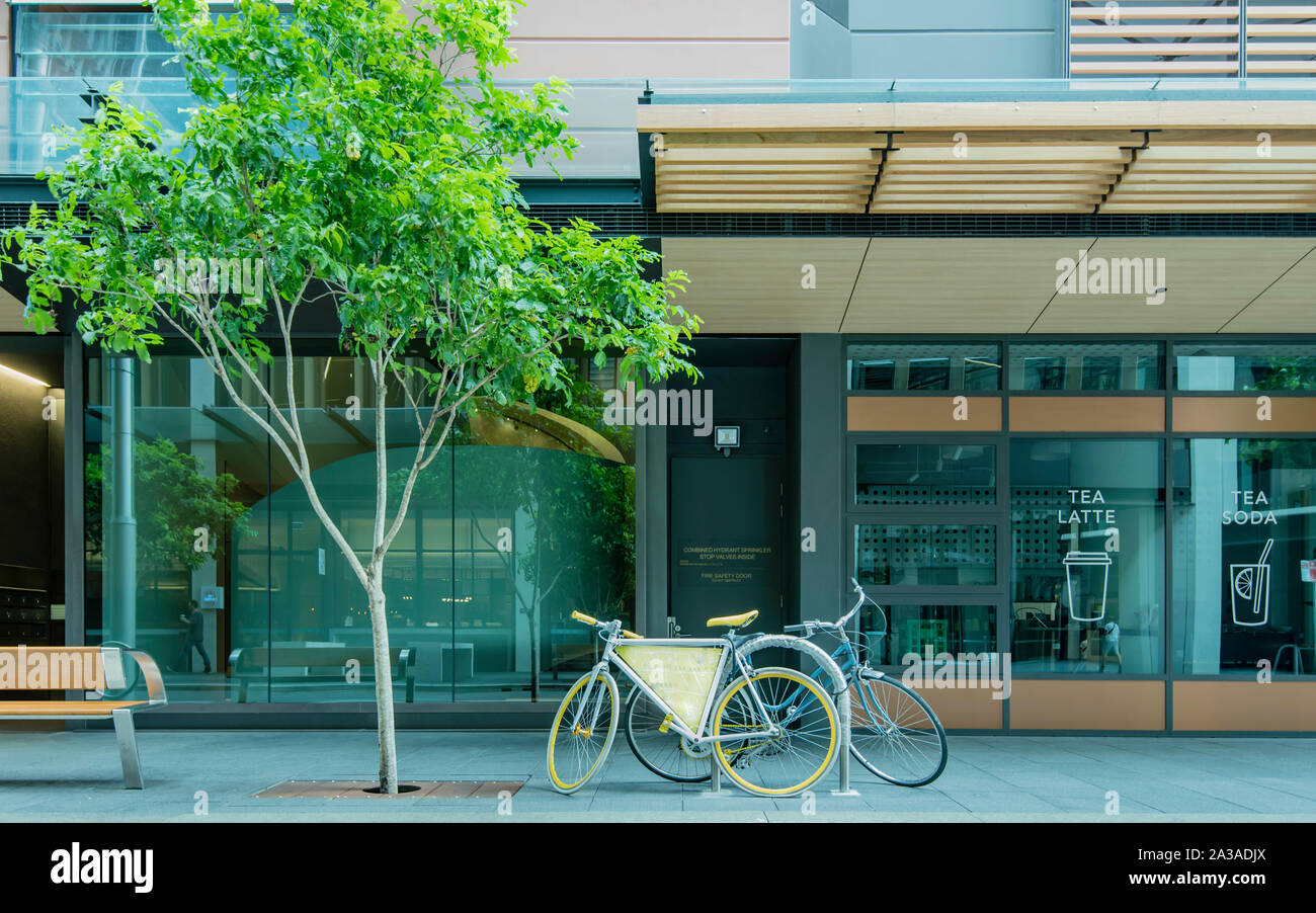 Two bicycles parked outside a tea and coffee shop in the Barangaroo South business district in Sydney, Australia Stock Photo