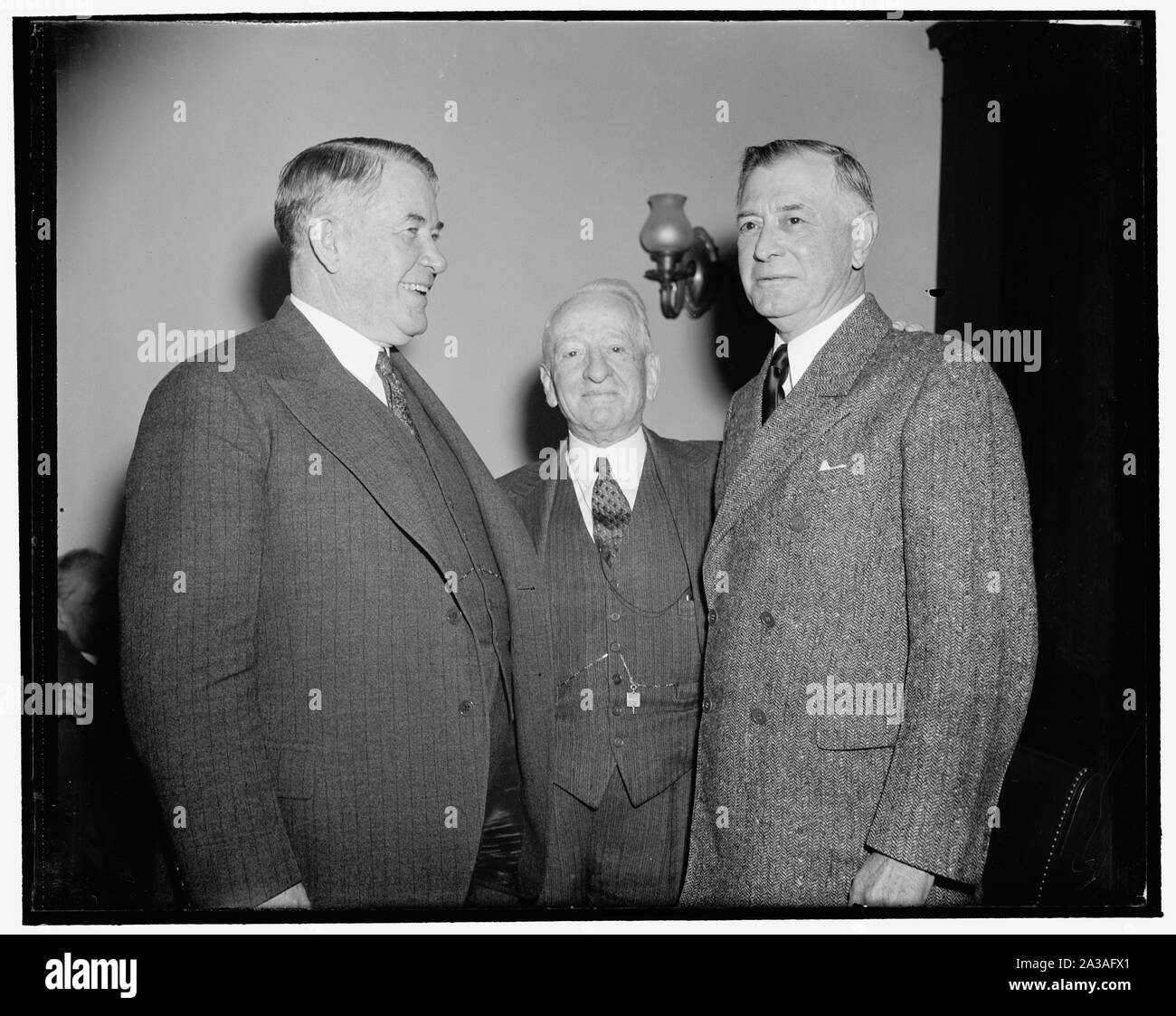Senate Majority Leader and men who helped elect him. Washington, D.C., Dec. 31. Senator Alben Barkley, new Majority Leader of the Senate, snapped with Carter Glass and Key Pittman. It was Pittman who nominated him and after Pat Harrison had declined to be considered, the caucus members unanimously made Barkley their leader for the 76th Congress, 12/31/38 Stock Photo