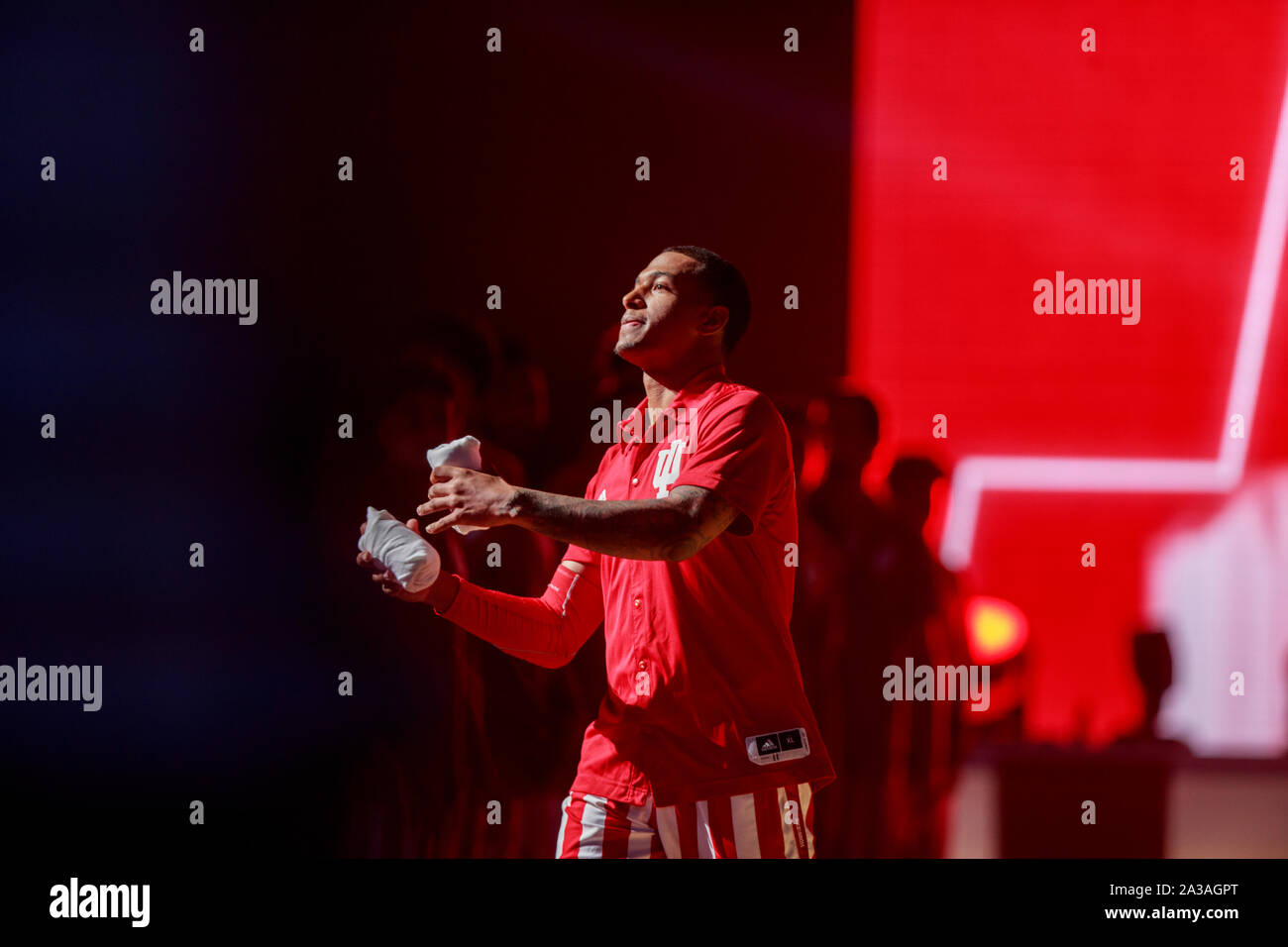 Bloomington, United States. 05th Oct, 2019. Indiana University men's basketball player, Devonte Green on stage during Hoosier Hysteria.The Hoosier Hysteria event officially kicks off the basketball season at Indiana University whose team has won five national division 1 NCAA basketball titles. Credit: SOPA Images Limited/Alamy Live News Stock Photo