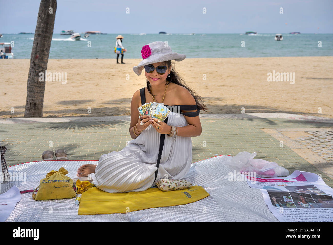 Fortune teller, cards. Woman Tarot card reader. Thailand Southeast Asia Stock Photo