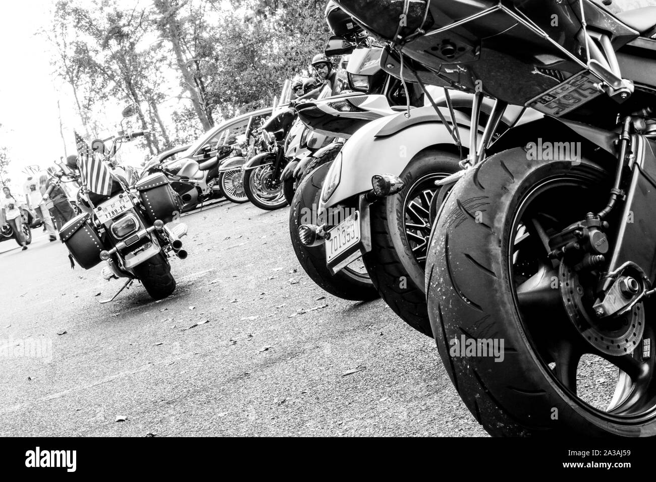 Motorcycles Gathered In Parking Lot at Morrow Mountain State Park Stock Photo