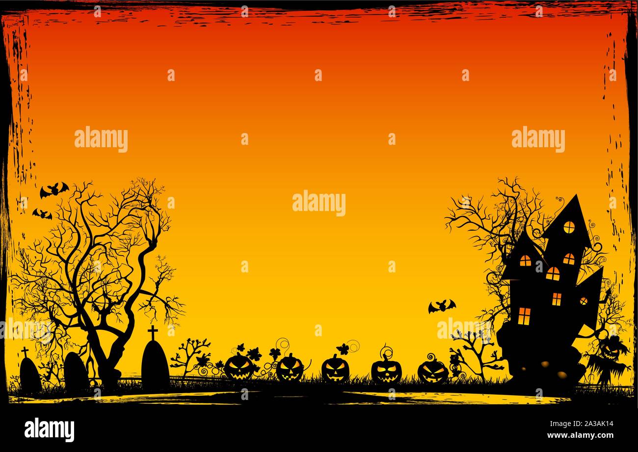 Halloween night. Pumpkins, castle, tree silhouettes, grass, scarecrow, cemetery on a sunset background. Halloween background. Stock Vector