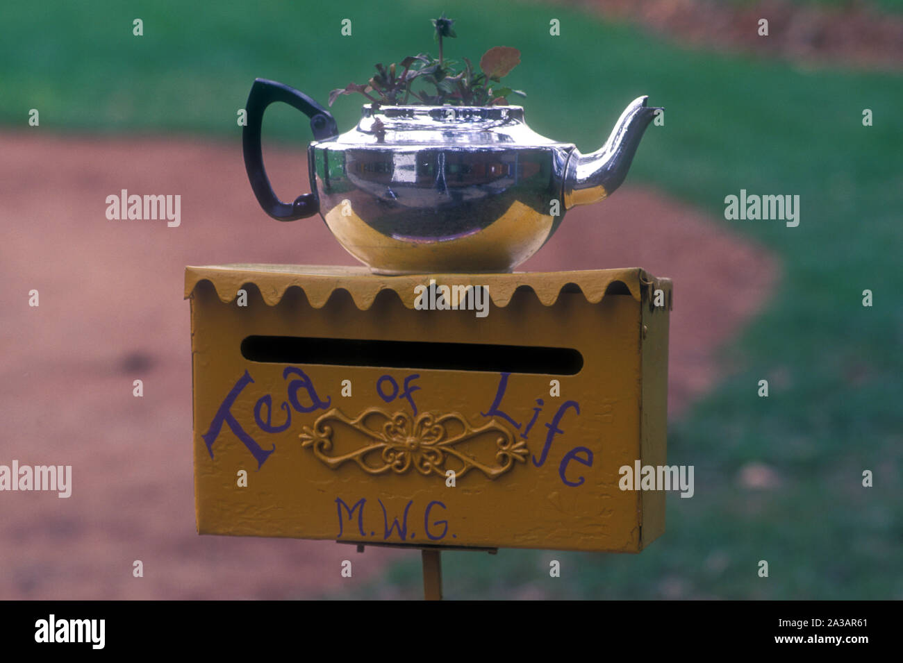 TEA OF LIFE LETTERBOX WITH TEAPOT ON TOP, NEW SOUTH WALES, AUSTRALIA. Stock Photo