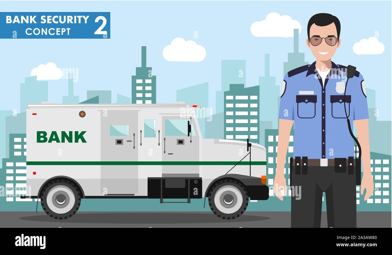 Bank security concept. Detailed illustration of armored car and security guard on background with cityscape in flat style. Vector illustration. Stock Vector