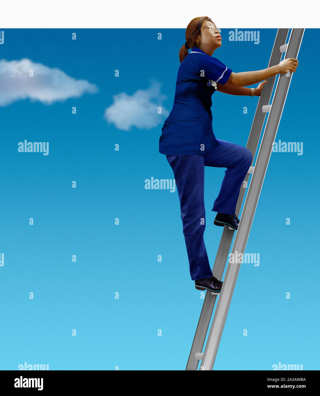 Nurse looking up climbing ladder in sky Stock Photo Alamy